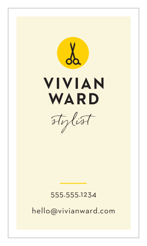These stunning cards feature a pair of hair shears against a yellow circle background. Your details are written below in classy, stylish fonts. Your style shines through with our Shear Stylist Business Cards.