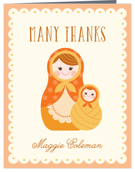 The Baby Doll baby shower thank you cards have a vintage border to match the Baby Doll shower invitations perfectly.