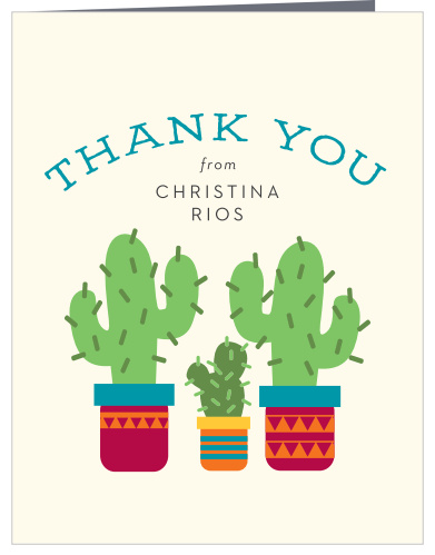 Bold and brightly colored papel picado decorations state your gratitude atop our Cinco Cactus Baby Shower Thank You Cards. 