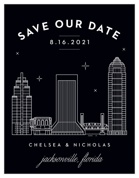 Our Jacksonville Skyline Save-the-Date Magnets ensure your close friends and family mark your special day marked in their calendar.