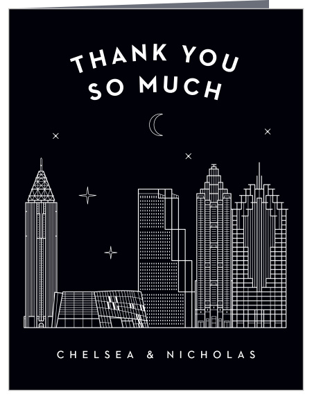 Show your appreciation with the beautiful Atlanta Skyline Wedding Thank You Cards! Bold white text stands out against the jet black background ensuring your guests see every letter of your thanks.