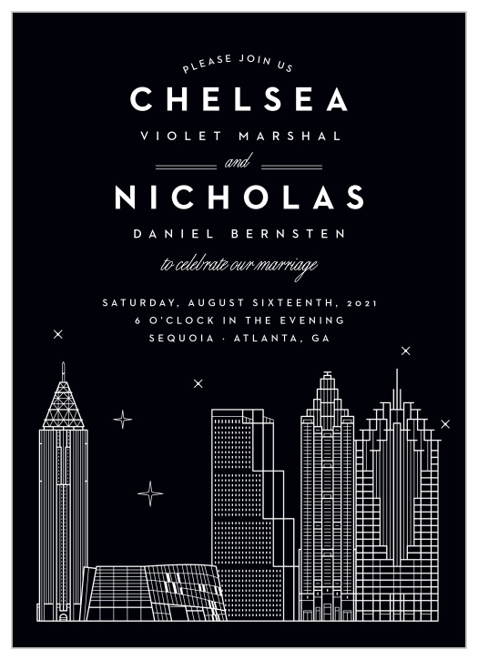 Our Atlanta Skyline Wedding Invitations are the perfect way to share your wedding-day details with the breathtaking beauty of big city lights.