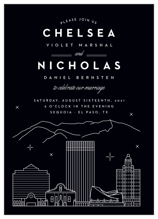 Our El Paso Skyline Wedding Invitations are perfect for laying out all of your wedding day details in a high-contrast design.