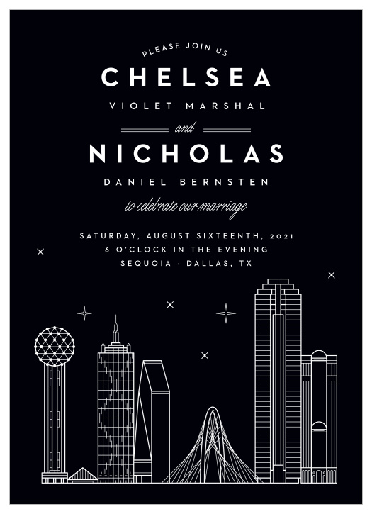Our Dallas Skyline Wedding Invitations are the perfect way to share your wedding-day details with the breathtaking beauty of big city lights.