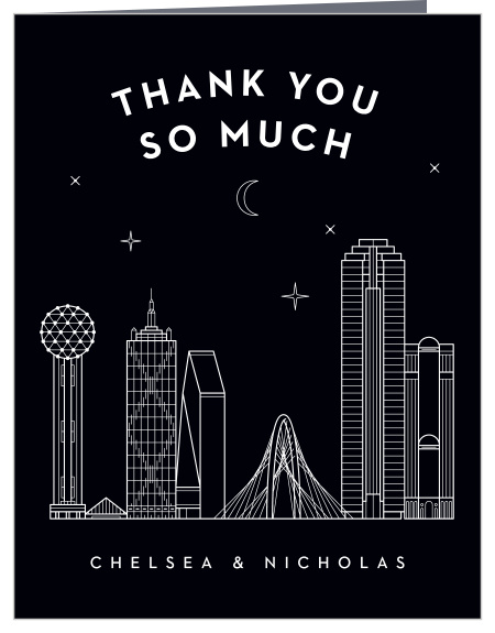 Show your appreciation with the beautiful Dallas Skyline Wedding Thank You Cards! Bold white text stands out against the jet black background ensuring your guests see every letter of your thanks.