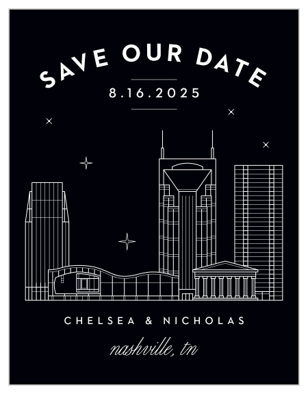 Ensure your close friends and family with mark their calendars for your special day with our Nashville Skyline Save-the-Date Cards.