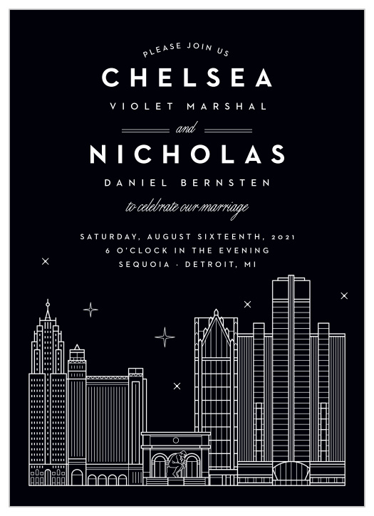 Our Detroit Skyline Wedding Invitations are the perfect way to share your wedding-day details with the breathtaking beauty of big city lights.