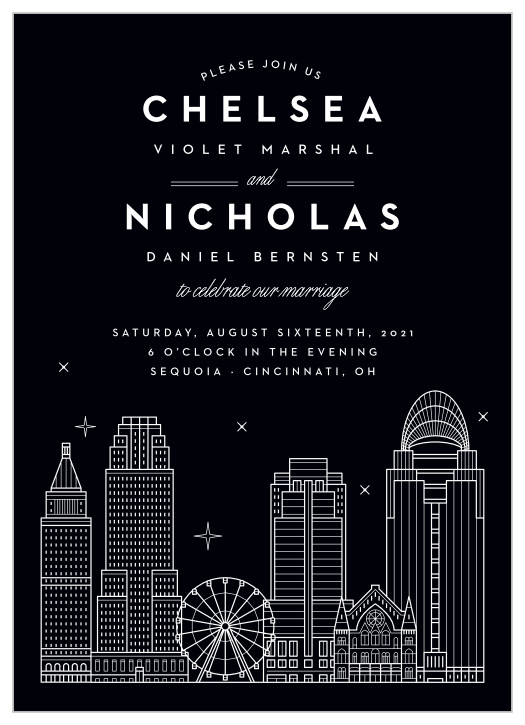 Our Cincinnati Skyline Wedding Invitations are the perfect way to share your wedding-day details with the breathtaking beauty of big city lights.
