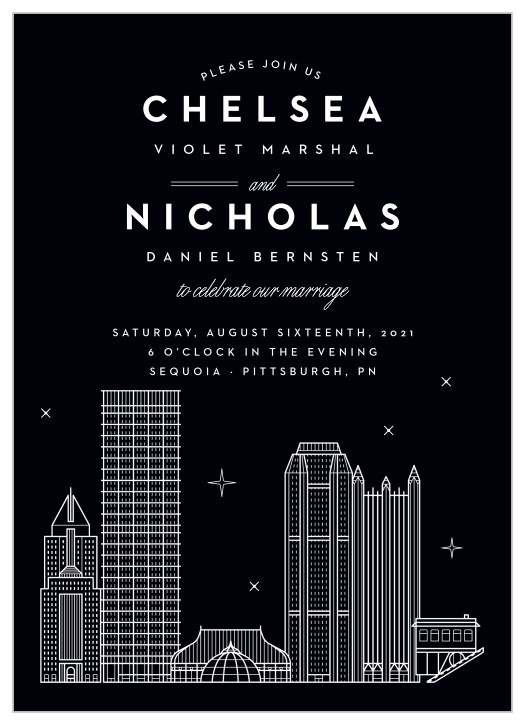 Our Pittsburgh Skyline Wedding Invitations are the perfect way to share your wedding-day details with the breathtaking beauty of big city lights.