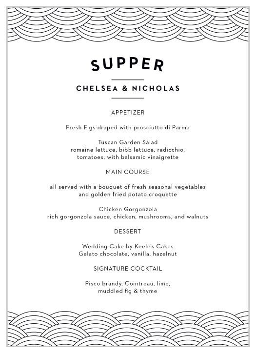 Let your close friends and family know what you will be serving at your wedding dinner with our Nashville Skyline Wedding Menu.