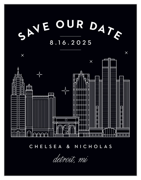 Give an unforgettable reminder with the Detroit Skyline Save-the-Date Cards