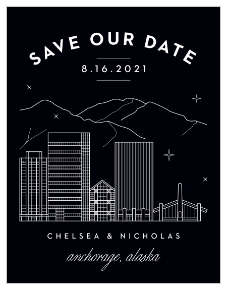 Our Anchorage Skyline Save The Date Cards are the perfect way to make sure that your loved ones have your big day scheduled in ahead of time!