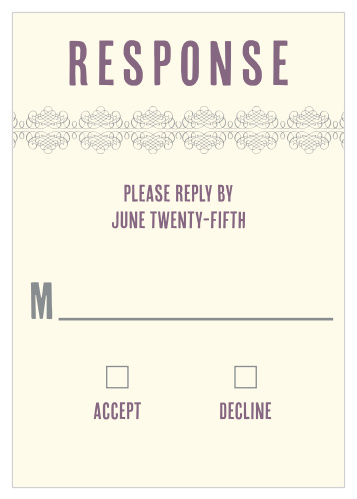 Obtain your guests attendance by sending out this matching RSVP card. Customize the colors and fonts to match you wedding theme exactly!
