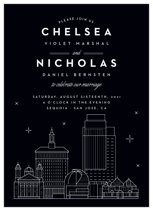 Our San Jose Skyline Wedding Invitations are the perfect way to share your wedding-day details with the breathtaking beauty of big city lights.