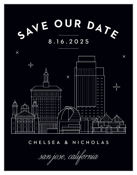 Our San Jose Skyline Save the Date Cards are the perfect way to share your wedding date with the breathtaking beauty of big city lights.