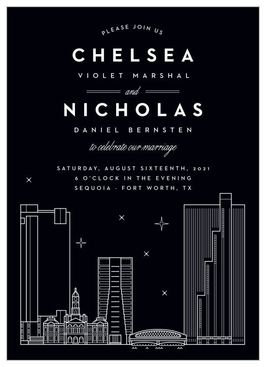 Gather your close friends and family together to celebrate your big day with our Fort Worth Skyline Wedding Invitations.