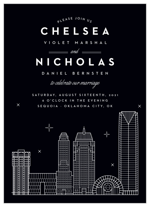 Our Oklahoma City Skyline Wedding Invitations are the perfect way to share your wedding-day details with the breathtaking beauty of big city lights.