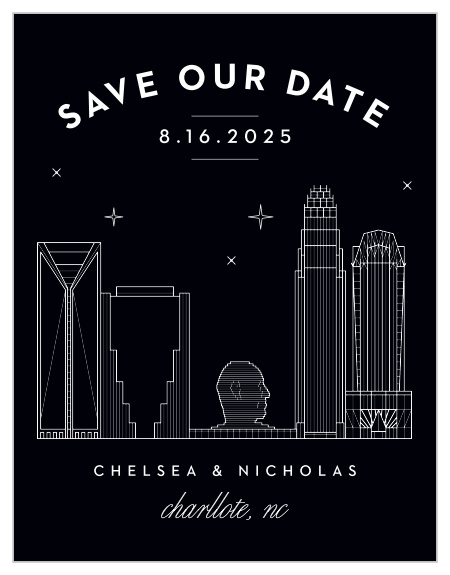Our Charlotte Skyline Save the Date Cards are the perfect way to share your wedding date with the breathtaking beauty of big city lights.
