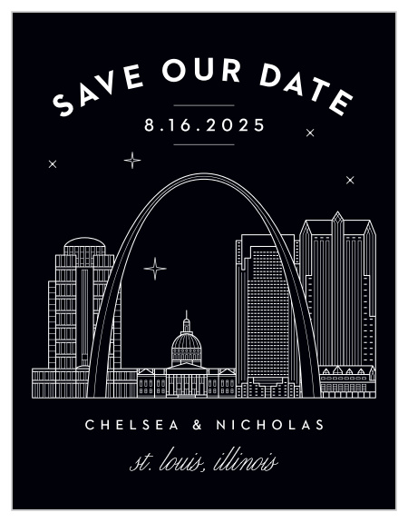 Ensure that your loved ones' calendars have your wedding date marked in their calendar with our St. Louis Skyline Save-the-Date Magnets.