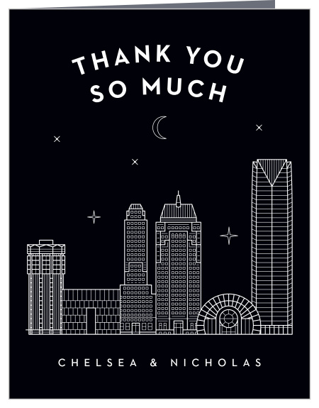 Show your appreciation with the beautiful Oklahoma City Skyline Wedding Thank You Cards! Bold white text stands out against the jet black background ensuring your guests see every letter of your thanks.