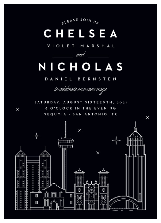 Our San Antonio Skyline Wedding Invitations are perfect for laying out all of your wedding day details in a high-contrast design.