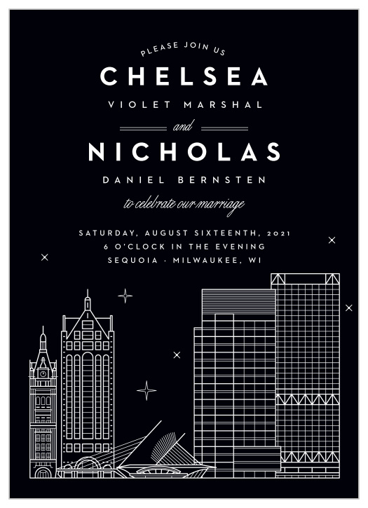 Our Milwaukee Skyline Wedding Invitations are the perfect way to share your wedding-day details with the breathtaking beauty of big city lights.