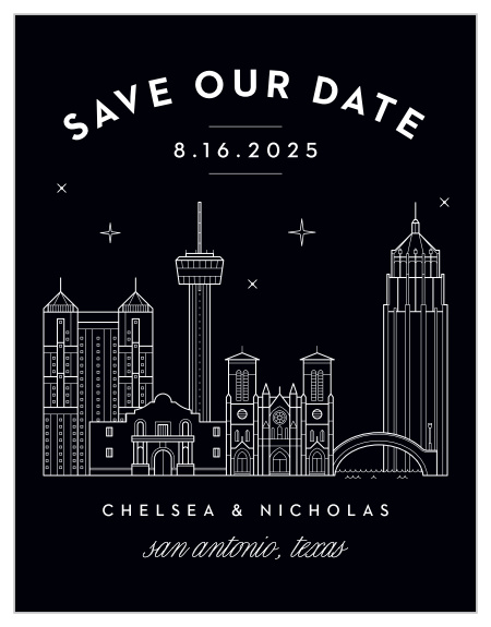 Ensure that your loved ones' calendars have your wedding date marked in their calendar with our San Antonio Skyline Save-the-Date Cards.