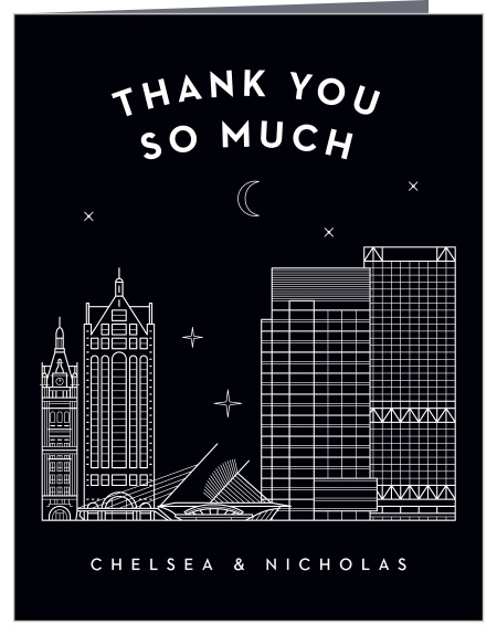 Show your appreciation with the beautiful Milwaukee Skyline Wedding Thank You Cards! Bold white text stands out against the jet black background ensuring your guests see every letter of your thanks.