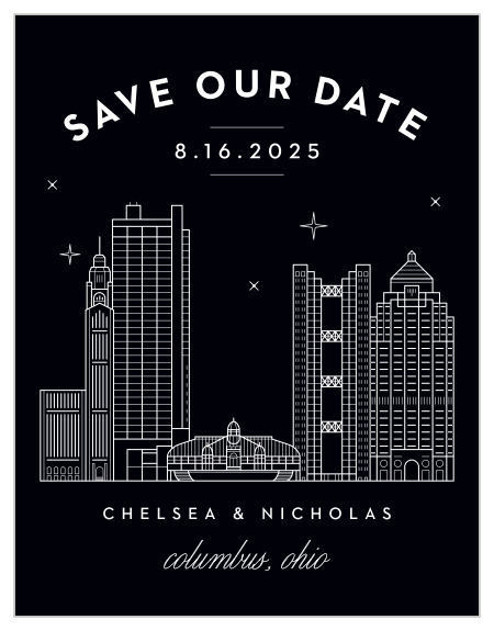 Ensure that your loved ones' calendars have your wedding date marked in their calendar with our Columbus Skyline Save-the-Date Magnets.