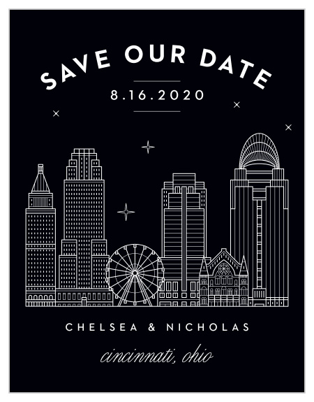 Give an unforgettable reminder with the Cincinnati Skyline Save-the-Date Cards