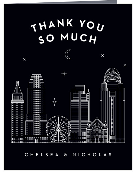 Show your appreciation with the beautiful Cincinnati Skyline Wedding Thank You Cards! Bold white text stands out against the jet black background ensuring your guests see every letter of your thanks.
