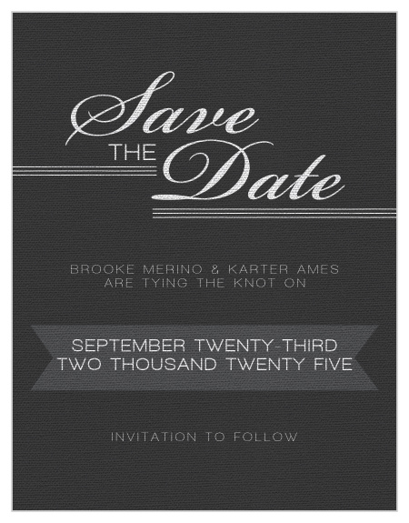 Our Elegant Simplicity Save the Date Card is a classy card with a textured background and subtle tinted overlay. With this elegant design, you can change all the colors in order to match your wedding scheme. Personalize the card and see your modifications instantly!