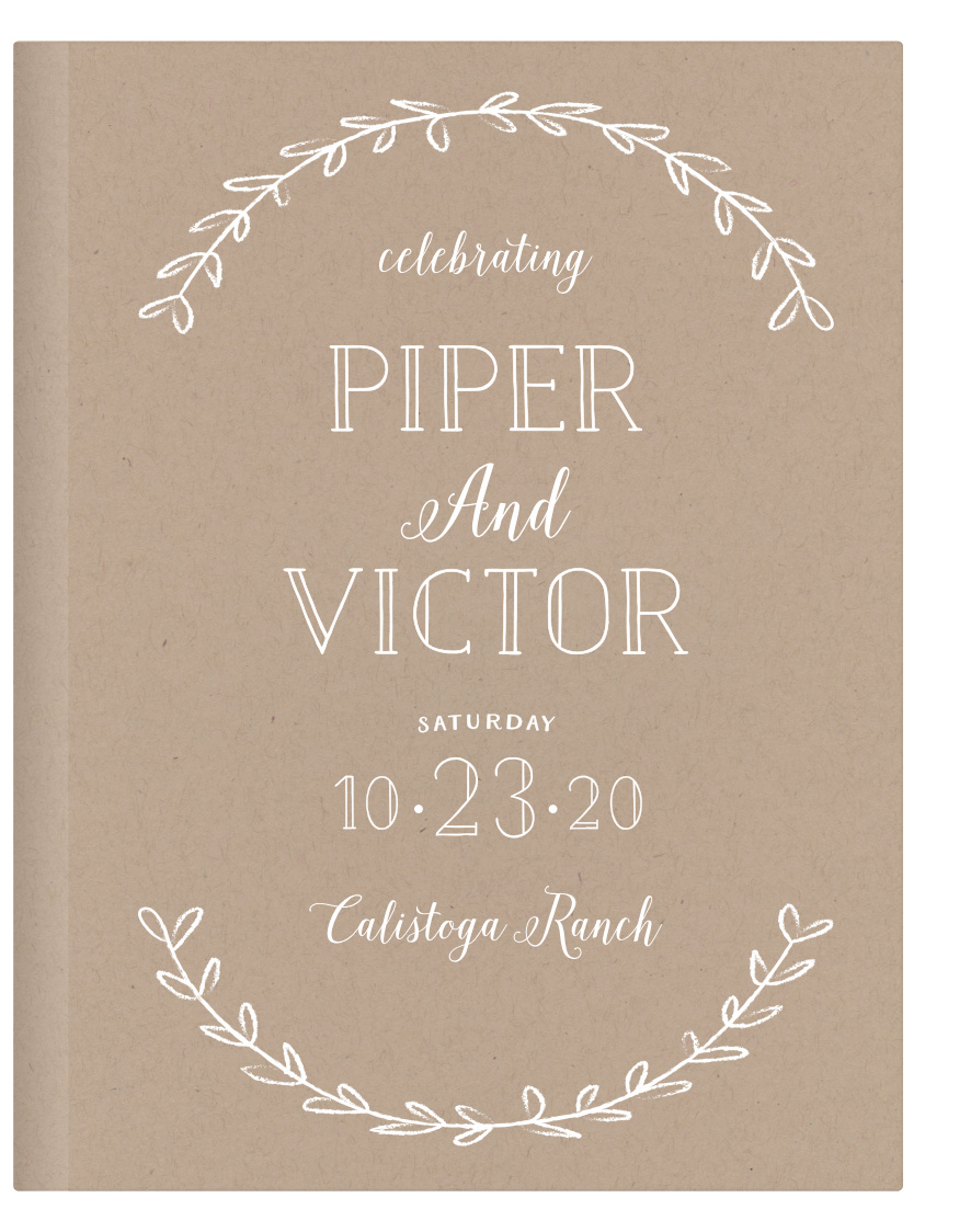 Simple laurels of leaves frame your text on the Rustic Love Guest Book.