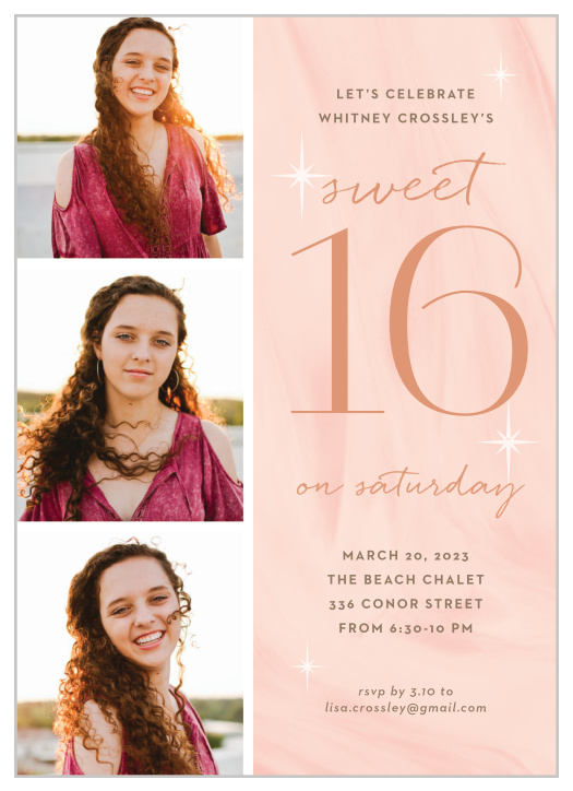 Show off all of your favorite portraits in a photo strip on our Stacked Trio Sweet Sixteen Party Invitations!