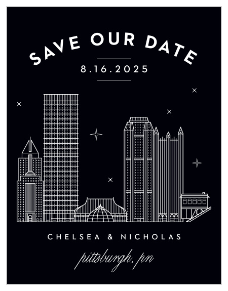 Our Pittsburgh Skyline Save-the-Date Magnets are the perfect way to make sure your out of town guests can be there for your big day!