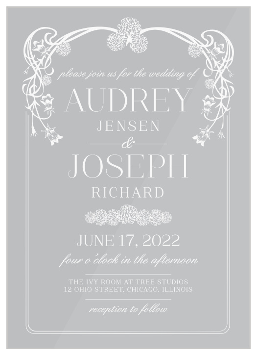 Bring your close friends and family together to attend your big day with our Floral Nouveau Clear Wedding Invitations.