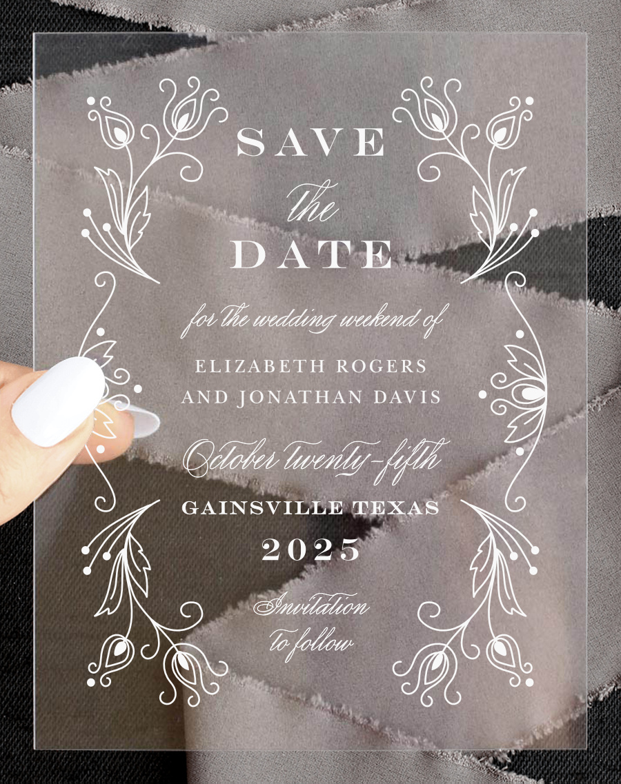 Peacock Flourish Clear Save the Date Cards