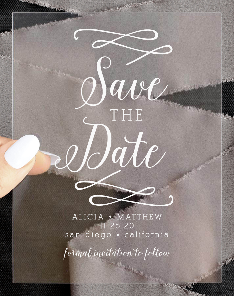 Whimsical Calligraphy Clear Save the Date Cards