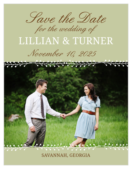 Our Flowering Border Save the Date Magnet is the perfect traditional reminder you're looking for! You can change all the colors in order to match your wedding scheme. Personalize the card and see your modifications instantly!
