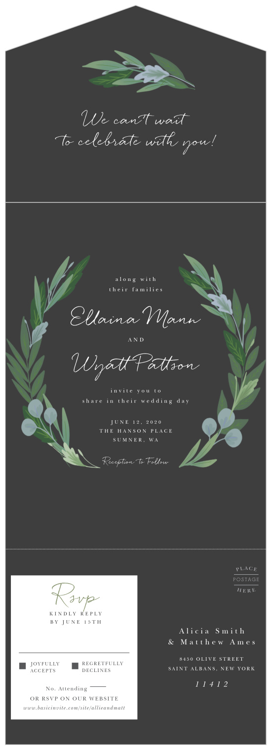 Our Bloom Abound Seal and Send Wedding Invitations are elegantly rustic designs for conveniently building your guest list.