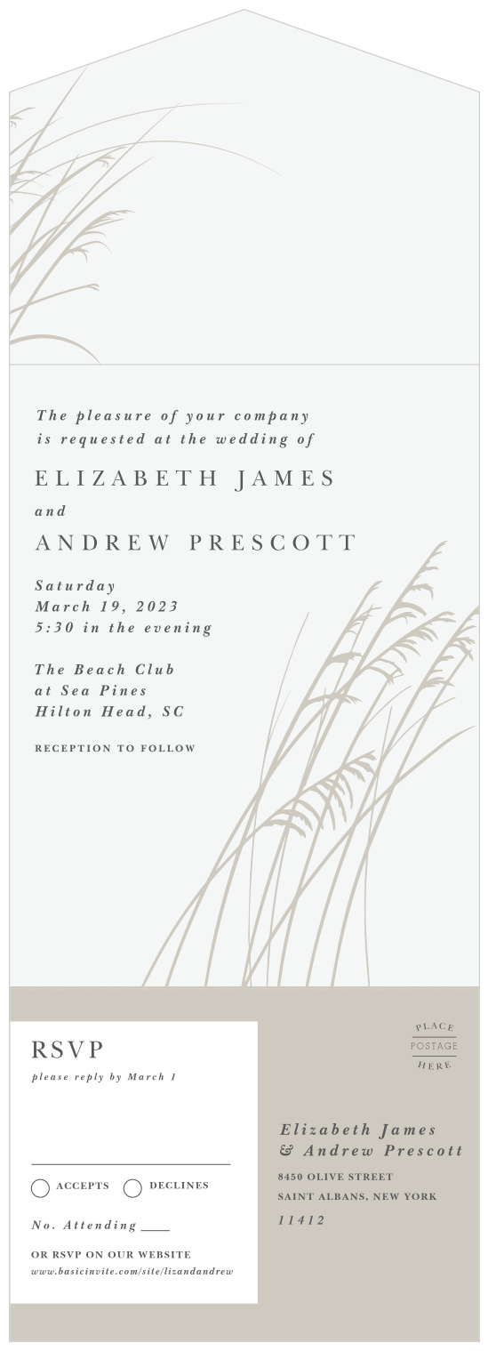 Our Sweet Carolina Seal and Send Wedding Invitations are elegantly rustic designs for conveniently building your guest list.