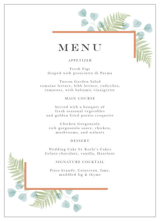 Detail every tantalizing option for your guests with the modern design of our Angled Foliage Wedding Menus.