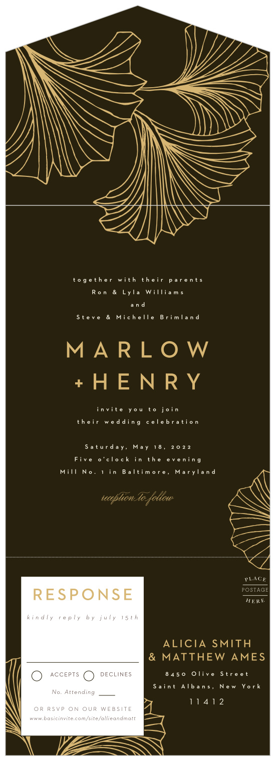 Our Ginkgo Leaves Seal & Send Wedding Invitations display an unexpected flower, elegantly illustrated throughout the design.