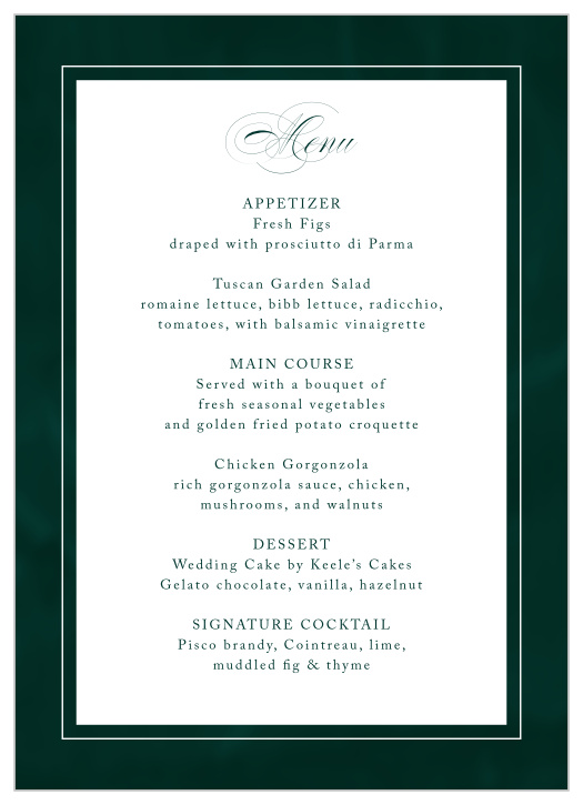 Our Formal Velveteen Wedding Menus are the perfect way to make sure that your guests know the details of every course!