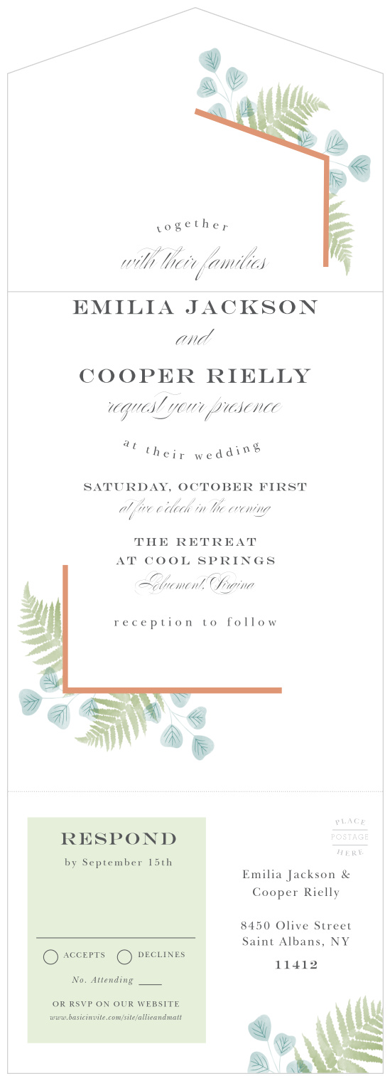 Our Angled Foliage Seal & Send Wedding Invitations display a beautiful botanical-inspired design.