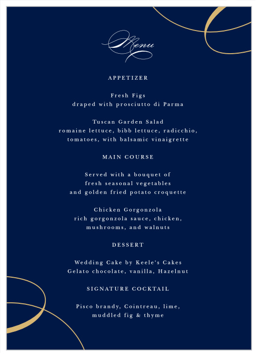Our Twirling Ribbons Wedding Menus are cornered with streams of gold foil, sure to impress your guests.