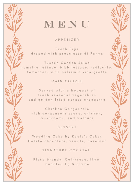 Inform your beloved guests what you are serving for your wedding dinner with our Gilded Hyacinth Wedding Menus.
