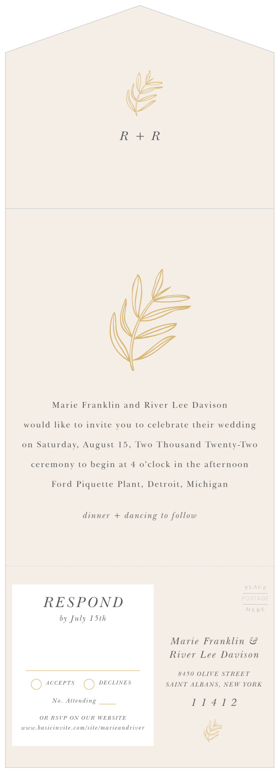 Our Centered Foliage Seal & Send Wedding Invitations are perfect for bringing your close friends and family together to celebrate your special day.