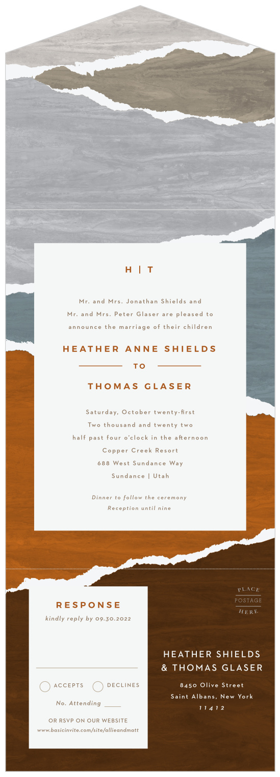 Combine your wedding invite and response card into one with our Painted Collage Seal & Send Wedding Invitations!