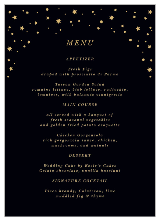 Let family and friends know what mouthwatering foods will be served at your reception with our Shining Bright Wedding Menus.